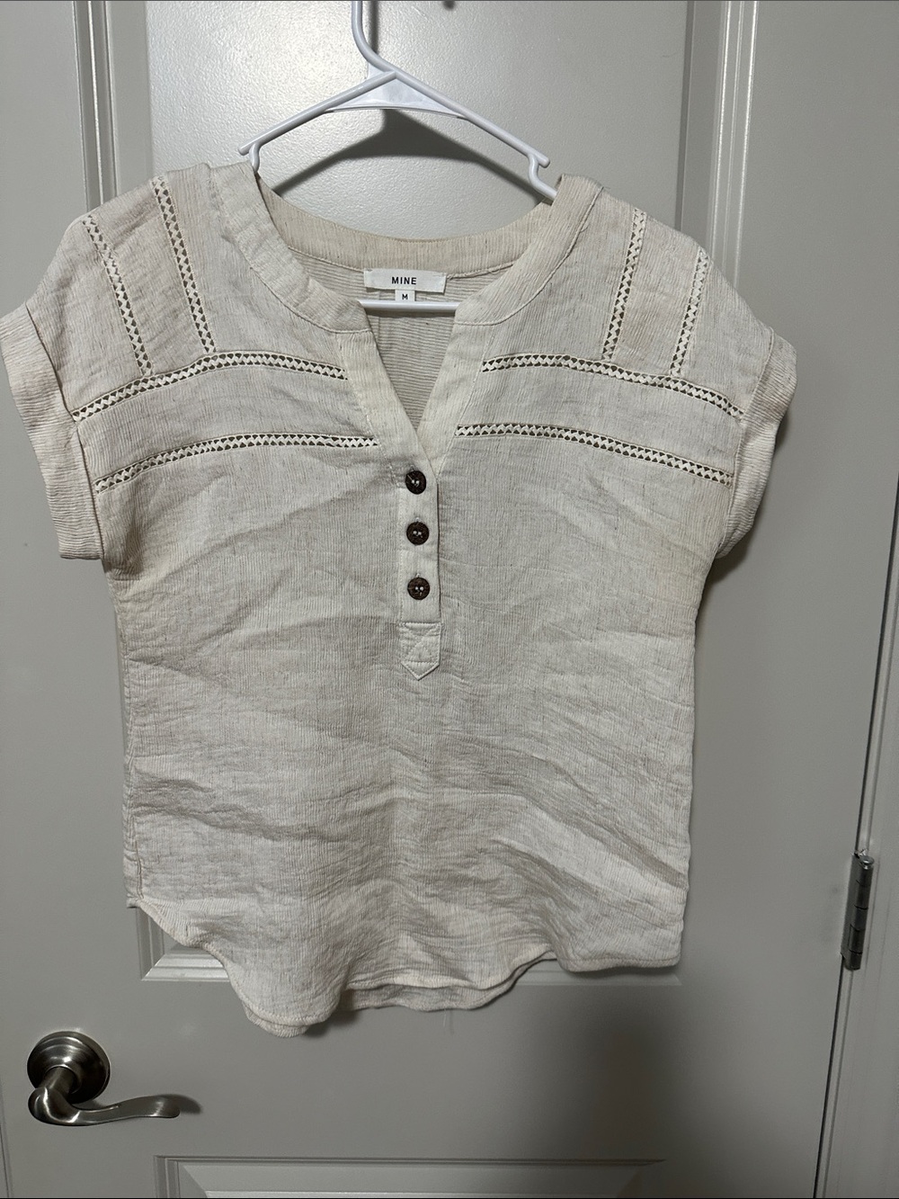 MINE Cream Short-Sleeve Linen Henley with Eyelet Trim